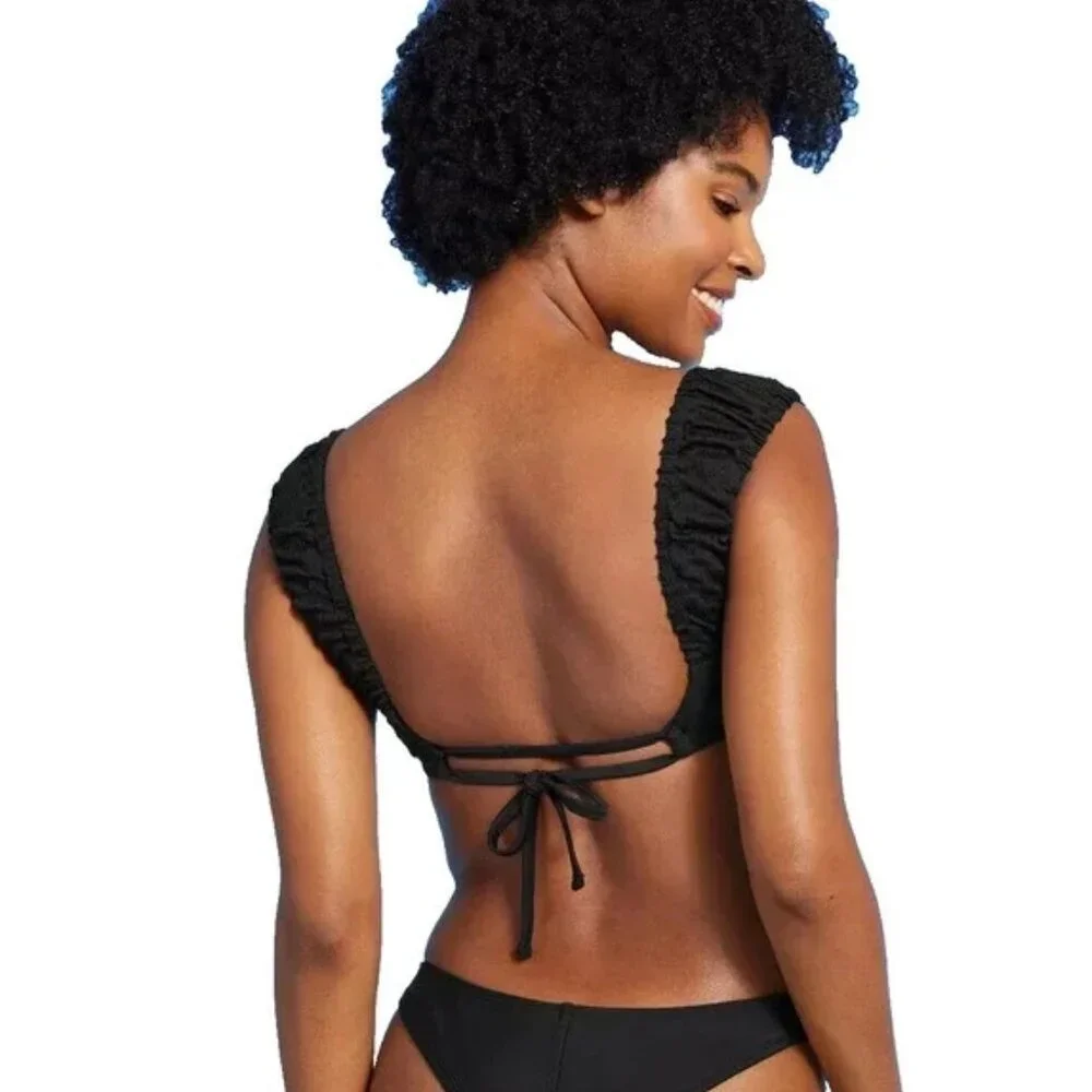 NWT Wild Fable Women's Black Size X Cap Sleeve Smocked Bralette Bikini Top
